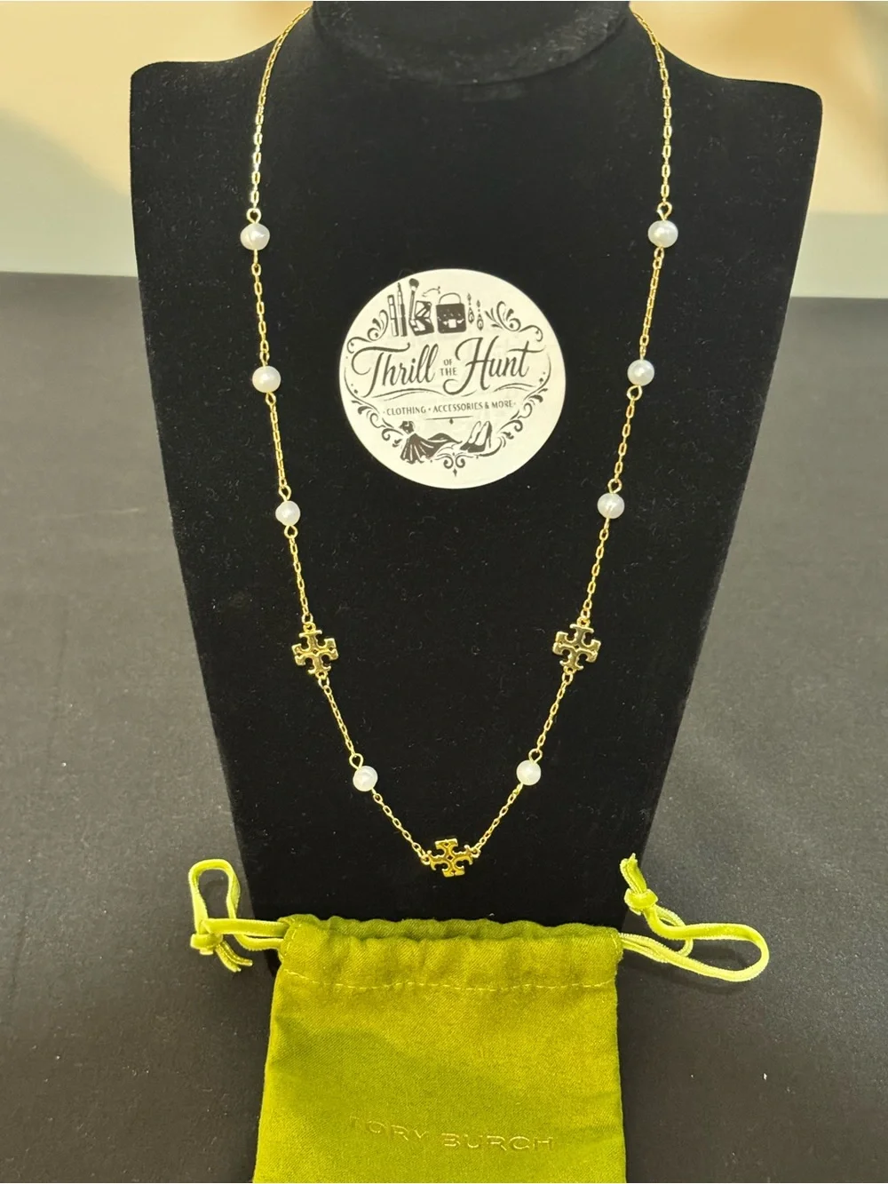 Tory Burch Gold Chain Necklace with White Pearls 20”